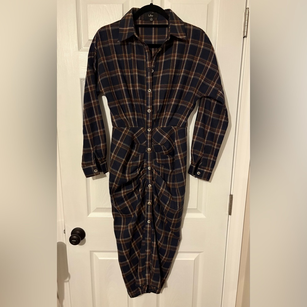 Lulu's Navy and Brown Plaid Shirt